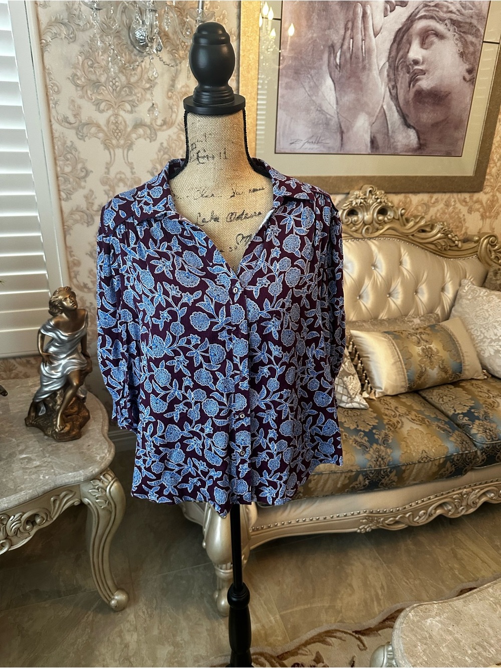 Democracy Maroon Button-Front Top with Light Blue Floral Print